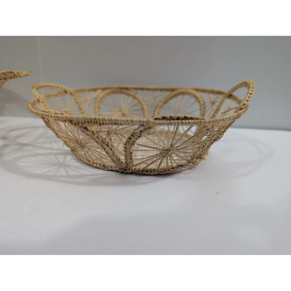 Vintage Boho Wicker Rattan Petal Baskets Set of 2 Natural Straw Trays Handles